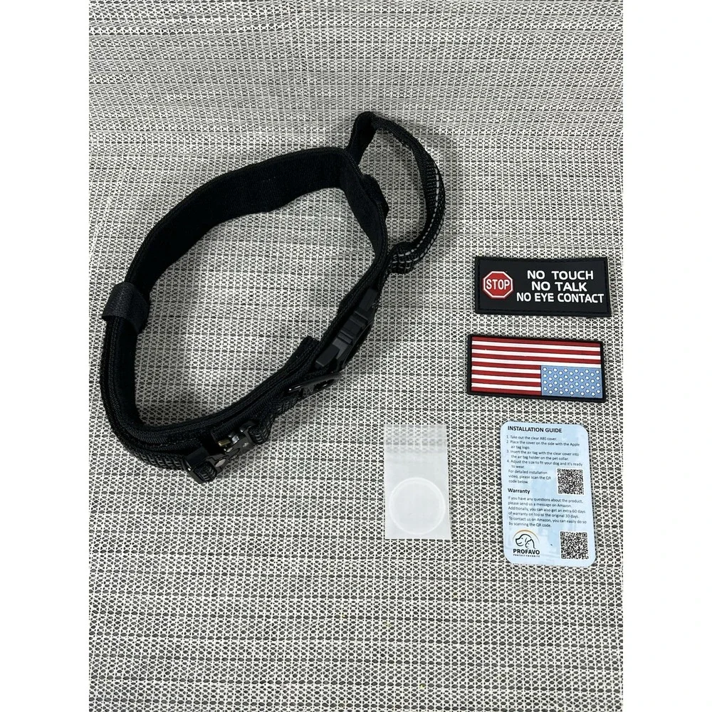 Profavo XL Tactical AirTag Dog Collar Black 2 Hook/Loop Rubber Patches